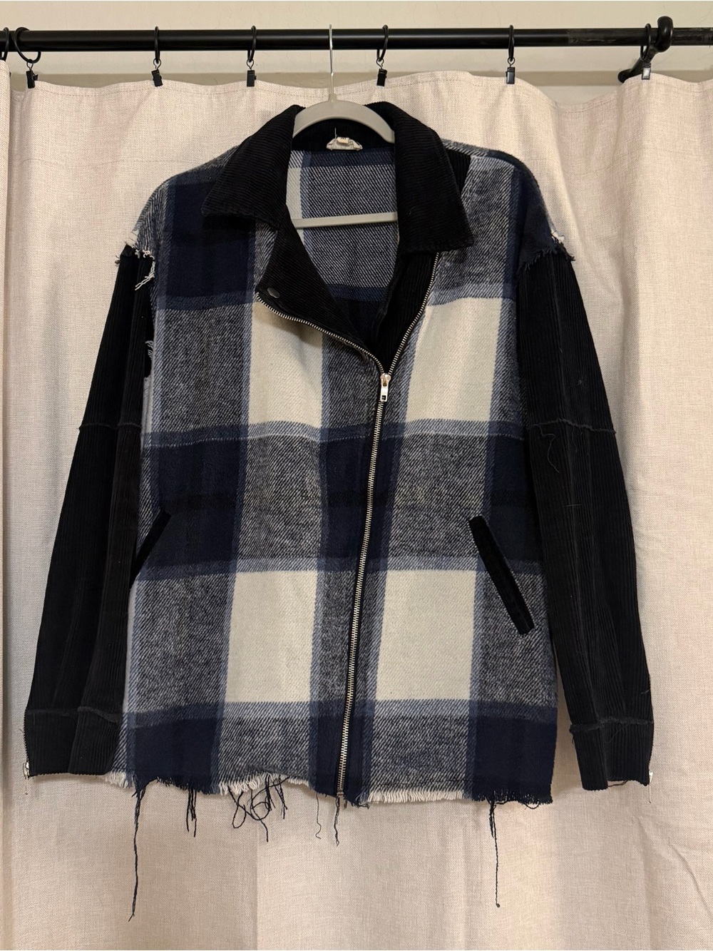 POL Plaid Spliced Biker Jacket